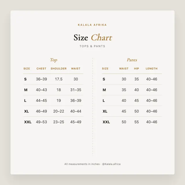 Kalala size chart, measurements in inches