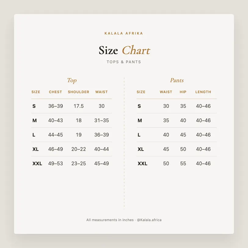 Kalala size chart, measurements in inches
